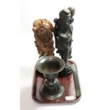 A Chinese silver inlaid root wood carving, another Chinese carving of Lu Hai sporting with the toad,