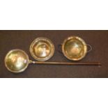 Brass bed warming pan with zare handle, brass sieve and embossed brass dish