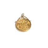 A sovereign dated 1979 loose mounted as a pendant . 9 carat gold mount. Gross weight 9.69 grams.