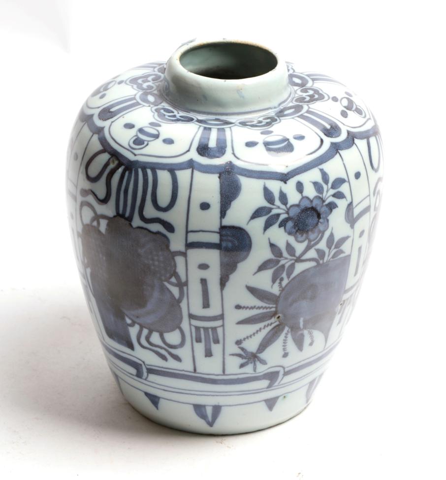 An 18th century tin glaze vase in the Chinese style . One or two paint scratches and firing flaws,