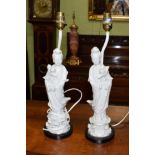 A pair of blanc de chine table lamps each in the form of Guan Yin