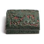 A Chinese green and cinnabar tixi lacquer box and cover, carved with figures riding camels, a city