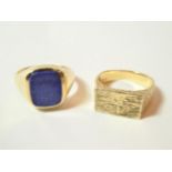 A 9 carat gold Lapis Lazuli signet ring, finger size S; together with a 9 carat gold textured signet