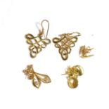 A pair of 9 carat gold diamond set drop earrings; and a further three pairs of 9 carat gold earrings
