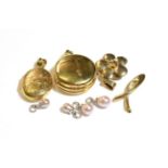Four 18 carat white gold cultured pearl pendants; two 9 carat gold lockets; a 9 carat gold floral