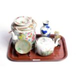 Oriental items comprising: two Chinese porcelain teapots; a Chinese porcelain blue and white vase