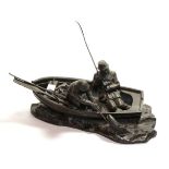 A Heredities bronzed resin figure group of two men, salmon fishing in a rowing boat named Mayflower,