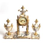 A marble and gilt metal mounted striking mantel clock, with garniture, dial inscribed Chanteau