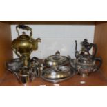 A four piece plated tea and coffee service, a pair of entree dishes and covers, and a samovar