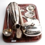 A tray of silver and metalware, including: a German or Austrian silver soup-ladle, maker's mark I