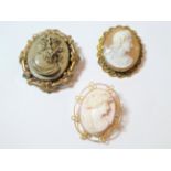 Two shell cameo brooches, measure 3.2cm by 3.7cm and 3.5cm by 4.1cm (one a.f.); and a lava cameo