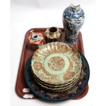 Five Chinese plates, tea caddy, two vases, cloisonne charger