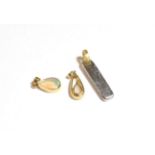 A 9 carat gold opal pendant, length 2.4cm; an opal pendant, unmarked, length 2cm; and another