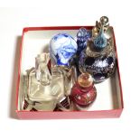 Group of decorative scent bottles comprising a Moorcroft Florian ware enamelled scent and plated