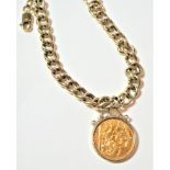 A 1957 sovereign loose mounted and hung on a 9 carat gold curb link bracelet, length 20cm . Gross