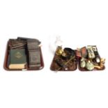 Three trays of miscellaneous items including pocket watches, pocket watch stands and cases, a