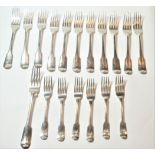 A set of twelve George III silver table-forks, eleven by George Smith, London, 1799, one maker's