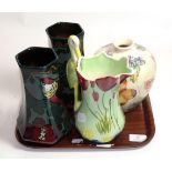 Moorcroft vase, Sylvac jug and a pair of painted flower vases (4)