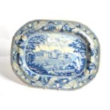 A Staffordshire pearl ware meat platter, circa 1820, printed in underglaze blue with Lowther