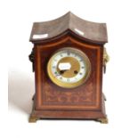 Edwardian inlaid mahogany mantle clock, enamel chapter ring with retailers inscription Thomas