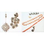 A coral necklace (a.f.); a moonstone necklace (a.f.); a moonstone bracelet (a.f.); an Austro-
