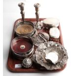 A tray of assorted silver including, a wine-coaster by Carrs, Sheffield, 1994, with wood base;