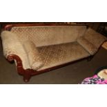 Victorian mahogany framed scroll end sofa upholstered in floral cut velvet, 220cm wide