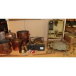Copper pot, copper bucket, large copper pot, three brass trays, horn, samovar, bell, screen etc