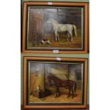 * Nadler (19th/20th c) A pair of oil paintings of horses in a barn, signed, oil on board, 29cm x