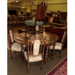 An 19th century and later oak gateleg table together with a set of four carved oak high back chairs