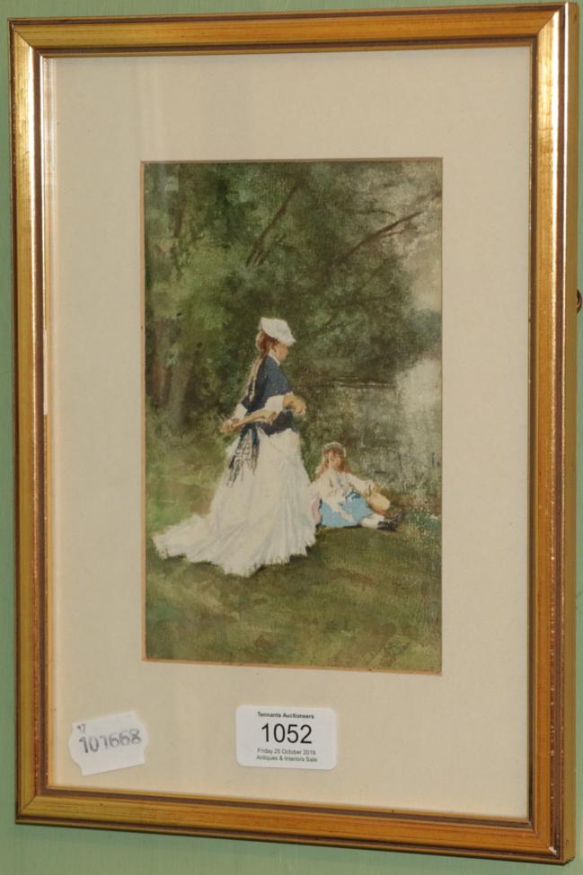 French School (late 19th century), Lady and girl by riverside, watercolour, 17cm by 11cm Provenance;