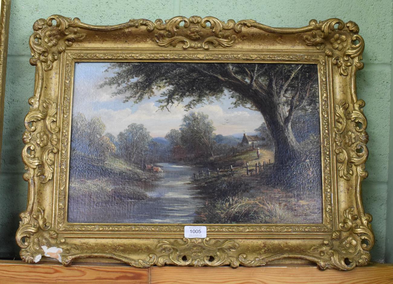 Joseph Mellor, Cattle watering at the village stream, signed, oil on canvas