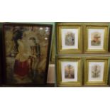 Four gilt framed chromolithographs c.1860 depicting enamel ware, chandeliers and plate ware, and a