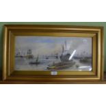 W H Vernon, a study of tall ships at harbour, signed, watercolour, 23cm by 52.5cm