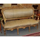 French style carved giltwood three seater sofa, 181cm wide