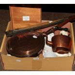 Copper bed warming pan, pottery, copper kettle, brass rule, cased High Frequency Apparatus etc