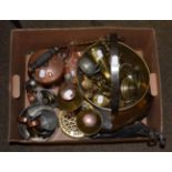 Collection of assorted brass and copper including jam pan, candlesticks, horse brasses, measures etc