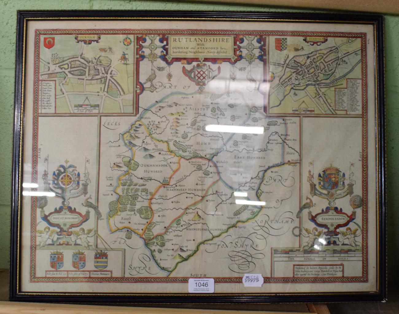 After John Speede, A map of Rutlandshire, with Oaken and Stamford, 41cm by 53.5cm