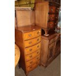A reproduction burr walnut tall boy, and a reproduction mahogany three-height chest of drawers