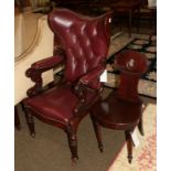 A maroon leather upholstered chair circa 1890's, together with a mahogany hall chair (2)