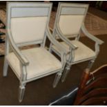 Two reproduction grey and gilt painted French style armchairs
