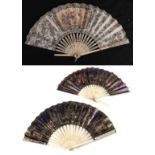 Two mid-19th century bone fans, lithographed, both lightly carved and gilded, comprising a paper fan