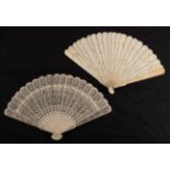 A circa 1840's Chinese Carved Ivory Brisé fan, Qing Dynasty, the twenty inner sticks and two
