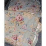 Pair of Anna French 'Bird in the Bush' pattern pale blue linen curtains and pelmet, lined and