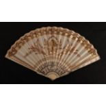A Regency period ivory fan, with barrel head, the leaf, in cream silk, is embroidered in colourful