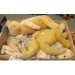 Circa 1930s yellow plush jointed teddy bear with boot button eyes, stitched nose and claws;