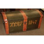 A mid 19th century Danish green painted wedding chest, hinged domed top, initialled and dated