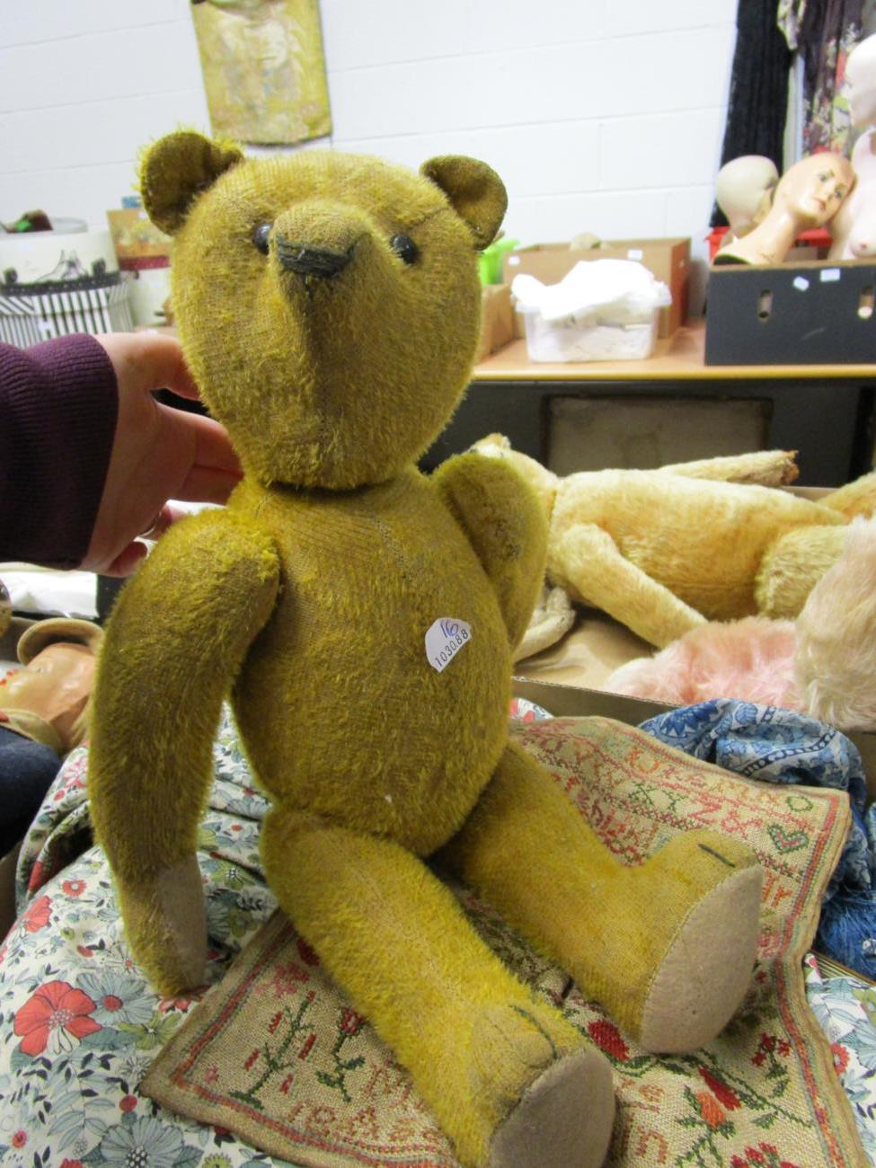 Circa 1930s yellow plush jointed teddy bear with boot button eyes, stitched nose and claws; - Image 4 of 8