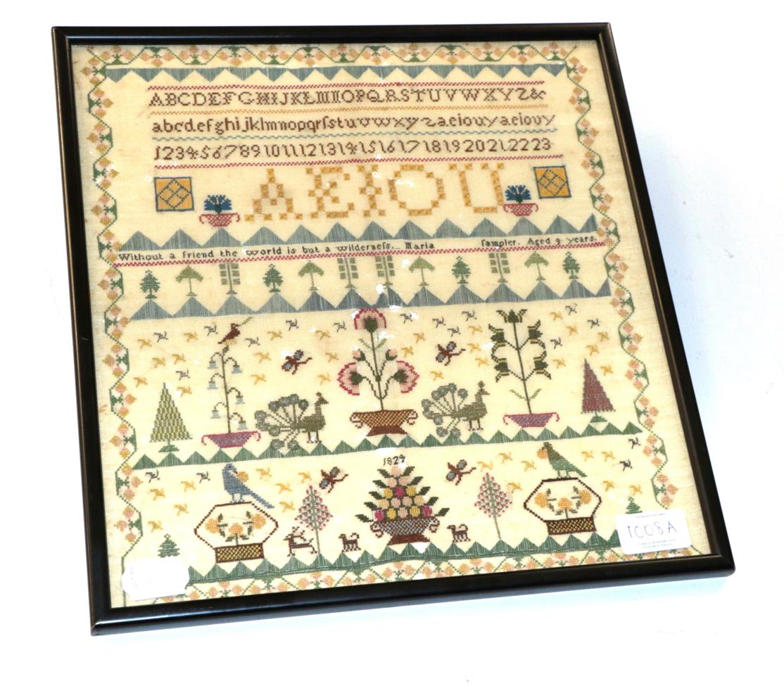 A George IV sampler 'Marin.. aged 9 years (a.f.), with a George IV silhouette, dated 1828 (2)