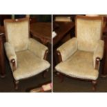 A pair of late 19th century mahogany armchairs upholstered in floral cut velvet, 73cm wide; together